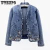 Kurze Jeansjacke Vintage Chinoiserie bestickte Stretchjacke Damen Frühling und Herbst All Match Fashion Harajuku Slim Tops 240311