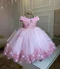 Flower Pink Princess Abites Big Bow Pearls fatti a mano D fiori Tulle Girls Tulle Girls Pageant for Kids Prom Birthday Gowne