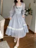 Sukienki swobodne 2024 Spring elegancki szyfonowy bajkowy sukienka z długim rękawem vintage żeńska wysoka talia A-line wakacje midi lady koronki