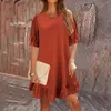 Casual Dresses Women's Fashion Solid Retro Short Sleeve Round Neck Dress Loose Ruffled Hem For Summer Ladies Elegant Robe