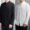 Chemises décontractées pour hommes Hommes Chemise à manches longues Style chinois traditionnel avec manches à col mandarin Poches à boutons à disque pour