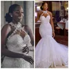 Arabe Aso Ebi Vintage en dentelle Robe de mariée perlée Sheer Cou Mermaid Robes Bridal Robes de mariage bon marché245E