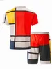 Herrspår 2024 Senaste Mens Print Patch Work Collar Short Sleeve Sports Beach Set S-3XL Q240314