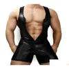 Catsuit trajes falso couro apertado corpo roupa interior homens shapers sexy singlet bodysuit wrestling collant masculino casual unitard busto aberto dhfcd