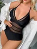 Womens Swimwear VigoBreviya 2024 Sexy V Neck Black Mesh Montage para Mulheres Halter Hollow Swimsuit Backless Ver One Piece Bathing Suit 03P8