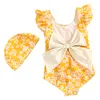 INS Filles maillot de bain une pièce imprimé floral enfants gros nœuds dos nu falbala manches volantes maillot de bain été filles vacances SPA plage natation Z7195