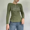 女性のTシャツラインストーングラフィックプリントグリーンシャツ春秋スリムフィットトップヴィンテージY2K美学汗ティープレッピーモールゴス