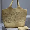 Raffia 빨대 짠 쇼핑 디자이너 핸드백 큰 용량 토트 어깨 어깨 여름 해변 주말 휴가 여행 가방 고품질 금속 편지 금