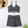 Costume da bagno da donna Set bikini stampato da donna imbottito con stampa floreale con scollo a V e costume da bagno con coulisse a vita alta per un rapido utilizzo