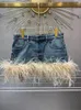 Pantaloncini da donna Moda piume di struzzo Denim Pantaloni corti per capelli primaverili di alta qualità 2024 Lady