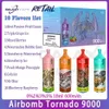 %100 Orijinal Airbomb Tornado 9000 Puf Ecuigarette 600mAh Pil 10 Lezzetler 18ml Pod Mesh Bobini 0%2%3%5%E Sigara Pufları 9k