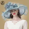 FS Blumen-Fascinator für Damen, breite Krempe, Hochzeit, Kirche, Organza-Sonnenhut, elegante große Damen-Fedoras 240226