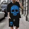 Men's Tracksuits Summer New Casual Mens Skull Print T-shirt Set Fashion Street Clothing T-shirt Loose Breathable Soft Short Sleeves and Shorts Q240314