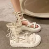 Sandalen mit dicken Sohlen für Damen, 2024, Sommer-Kreuzbindungs-Design mit hohler offener Spitze, lässige, vielseitige High-Top-römische Schuhe