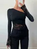 Mulheres camisetas Mulheres Y2K Sexy Floral Lace Malha Sheer Crop Top Manga Longa Saindo Tops Bonito Slim Fit Camisa Club Party Tee