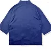 Men's Jackets Retro Blue Dyed Cotton And Linen 3/4 Sleeve Robe Baggy Coat Trendy Casual