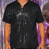 Chemises décontractées pour hommes Hommes Sparkle Paillettes Chemise Vintage Summer Streetwear Party 1/4 Bouton Manches courtes Tops Brillant Vacances Tee Glitter