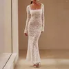 Casual Dresses Women Slim Fitted Lace Dress Long Sleeve Square Neck See-though Floral Party Sexy Bodycon Night Evening Vestido