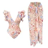 Dames Badmode 2024 Bloemenprint Ruche Eendelig Badpak Met Cover Up Vrouwen Sexy Badpak Dragonfly Body Baden Strand