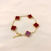 Bracelet à cinq fleurs de trèfle à quatre feuilles de haute qualité pour femmes, agate fritillaire noire et blanche naturelle, calcédoine rouge, bracelet double face en or rose qui ne se décolore pas