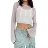 Camisetas para mujer SNIAXXWL Mujeres Y2K Crochet Knit Crop Tops Manga larga Hollow Out Mesh Jersey Suéter 2024 Ropa de playa de verano