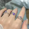 Bröllopsringar 3-stycken/Set Y2K Purple Heart-Shaped Zircon Ring for Womens Fashion Retro Gothic Sparkling Queen Ring 2024 Hot Party Gift Lucky Jewelry Q240315