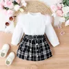 2 Stücke Set Baby Mädchen Rüschen Langarm Top Plaid Mini Faltenrock Mit Gürtel Kleinkind Kind Herbst Winter Mode Outfits Jahr 240314