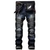 2024 Новые дизайнерские джинсы Slim Fit Прямые плиссированные мужские брюки на молнии Темно-синие и голубые многоцветные брюки с дырками Джинсы Rock Revival