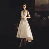 Tea Length Satin High Low Aline Short Wedding Dresses V Neck Sleeveless Hi Lo Women Informal Short Bridal Gowns Custom Made YD