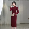 Ethnic Clothing 2024 Chinese Improved Retro Traditional Cheongsam Dress Autumn Long Sleeves Stand Collar Slimming Elegant Qipao W215