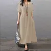 Vestidos casuais soltos com bolso para mulheres moda sólida saia longa v pescoço algodão e linho oversize praia férias vestido