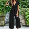 Damesbroeken Dames jumpsuit Stijlvolle zomer jumpsuits V-hals Lace-up romper Hoge taille Wijde pijpen Streetwear rompertjes met korte mouwen