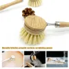 Venda Quente Escova de cozinha para prato, escova substituível de sisal, cabo longo de bambu, escova de limpeza