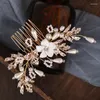 Hair Clips Ceramic Flower Crystal Wedding Combs For Bridal Headpiece Tiara Gold Color Handmade Hairpins Accessories