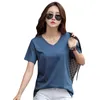 새로운 짧은 슬리브 코튼 간단한 슬리밍 느슨한 한국 v- 넥 대형 여자 티셔츠 상단 바닥