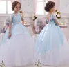 Half Sleeve Sky Blue Flower Girls Dresses Beaded Crystals Spets Applicques Puffy Flowergirl Glowns Golvlängd Tulle Ruched Communio8257701
