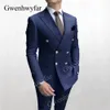 Gwenhwyfar Sky Blue Men Suits Double Breasted Senaste Design Gold Button Groom Wedding Tuxedos Costume Homme 2 Pieces 240311