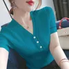 Kvinnors T-skjortor Gul Summer Thin Ventilation Office Lady Tyg Kvinnor T-shirt Knitting Kort ärm Stretchig V-Neck Ice Silk Button Tops