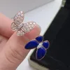 Nuovo design Doppia farfalla turchese con diamanti Anello aperto Farfalla da donna Anello pieno di diamanti Anello nuziale Gioielli firmati R006