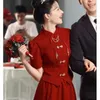 エスニック服2024花嫁Qipao Xiuhe衣装チャイニーズスタイルトースト伝統的なトップスカートセットバーガンディの結婚式の婚約ドレス