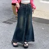 Saias Mulheres Cintura Alta Denim Saia Retro A Linha Maxi Com Bolsos De Cintura Alta Borda Rasgada Tornozelo Feminino