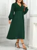 Plus Size Women Dresses Wrap V Neck Belt Elastic Long SemeVes Autumn Fall Sprimg Robe Solid Color Flowy Female Clothing 240311