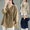 Women's Blouses Loose Fit Top Women Stylish V-neck Pullover Tops For Spring Summer Solid Color Half Sleeve Shirt With Waist Tight
