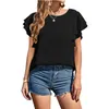 Blusas femininas casuais em torno do pescoço camisa chiffon topo duplo plissado manga curta botão traseiro blusa elegante