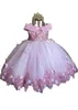 Prenses Pembe Çiçek Kızlar Elbiseler Büyük Yay İncileri El Yapımı 3D Çiçekler Katmanlı Tül Kızlar Pageant Elbise Çocuklar için Balo Doğum Günü Partisi Gowns Toddler Elbise Özel
