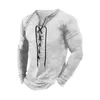 Camiseta masculina estilo vintage camisetas primavera ao ar livre casual topos moda rendas com decote em v de manga comprida camiseta outono cor lisa