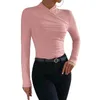 T-shirt da donna Donna Collo alto con volant Crop Top Manica lunga Avvolgente Camicetta corta aderente aderente Camicia skinny a pieghe tinta unita sexy