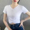 2023 Nya koreanska Slim Fit Folded Open Navel Top Womens V-ringning Kort ärm T-shirt Kvinnors Summer Womens T-shirt 080