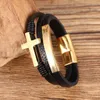 Punk Fashion Bangles Black Cross Inledande rostfritt stål vävt handgjorda läderarmband charms gyllene mens brev smycken1305s