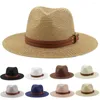 Berets Strohhut mit breiter Krempe, weich geformtes Lederband, Sommer-Fedora, Strand, UV-Schutz, Sonnenkappe, Damen/Herren